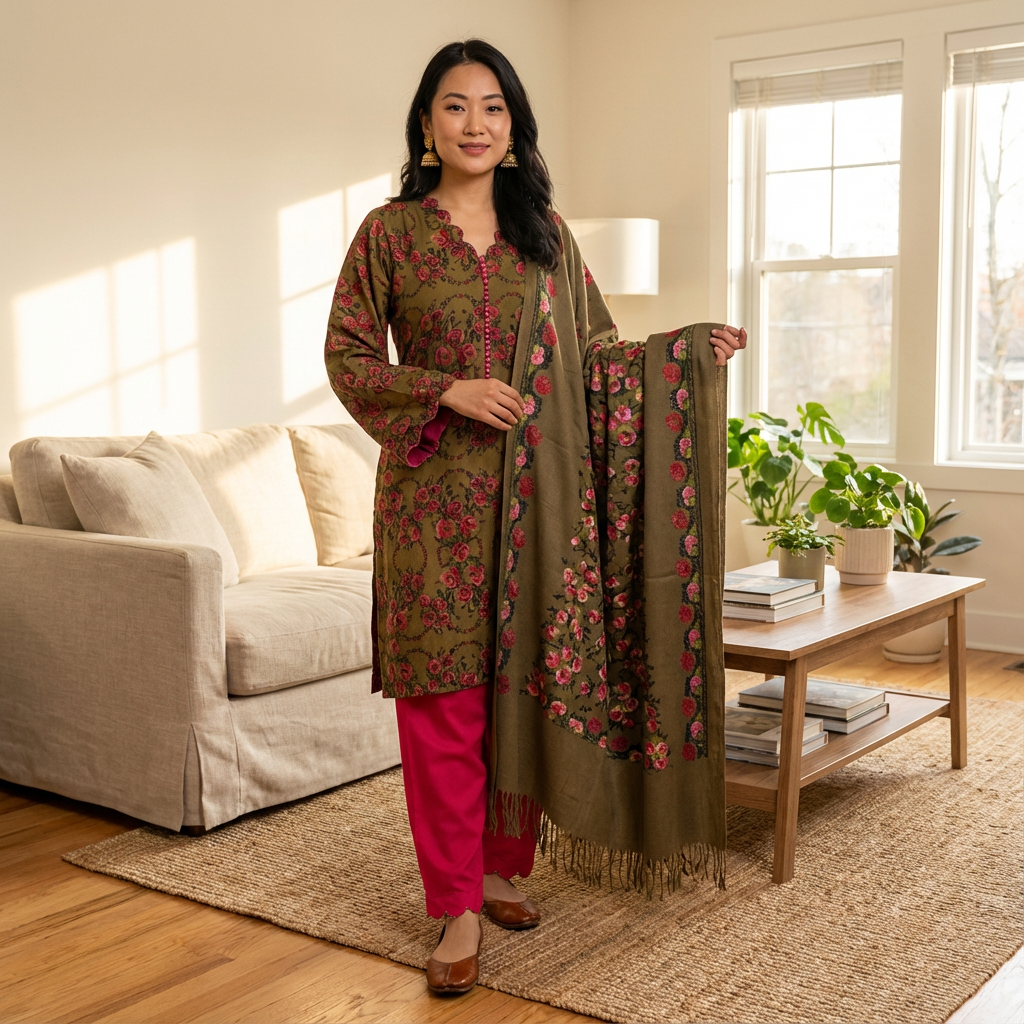 Olive Green Rose Print Marina Linen Suit with Shawl, CD-074