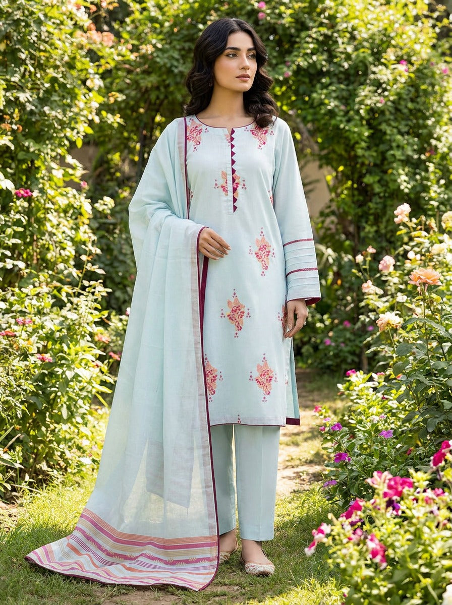 Ice Blue Lawn Jacquard Suit with Pink Floral Embroidery KF-1092