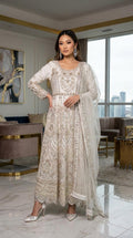 White Pearl and Sequin Fancy Net Maxi 3 Piece Suit KF-961