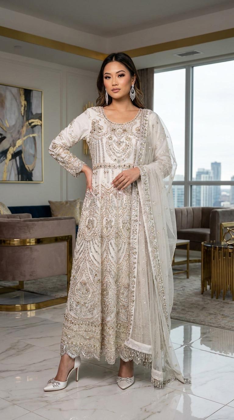 White Pearl and Sequin Fancy Net Maxi 3 Piece Suit KF-961