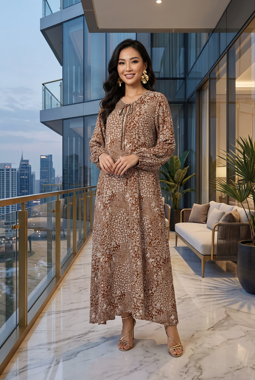 Tan Abstract Print Georgette Maxi Dress KF-133