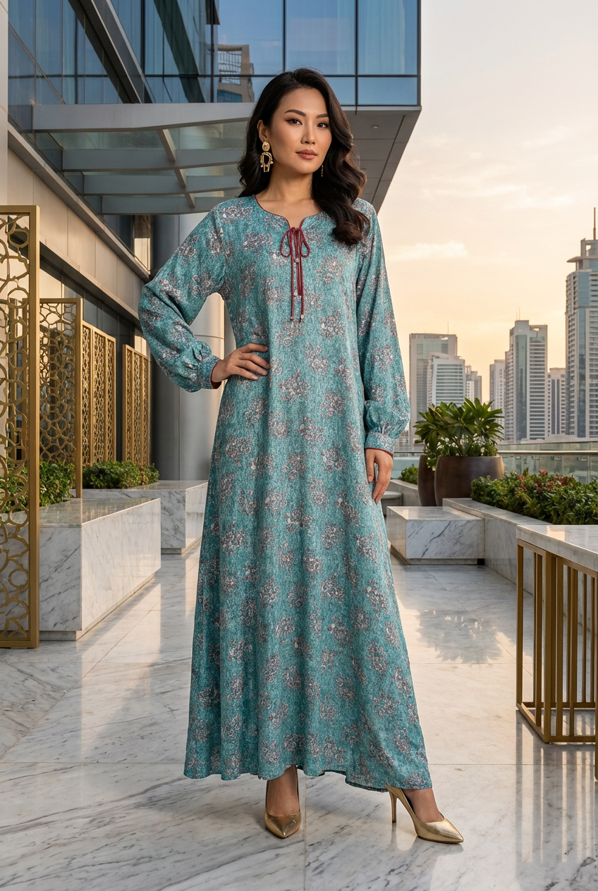 Teal Green Floral Print Crinkle Silk Maxi Dress KF-058