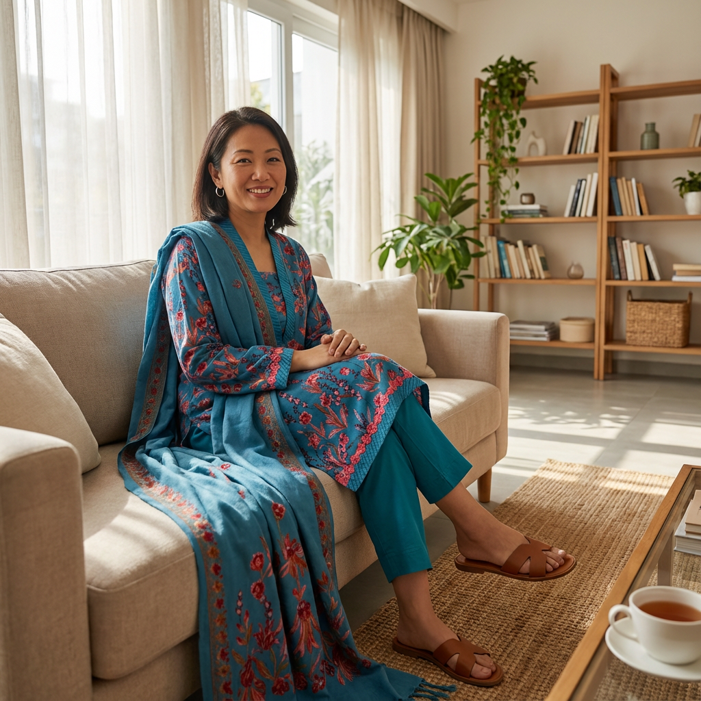 Teal Blue Floral Marina Linen Suit with Embroidered Shawl, CD-080