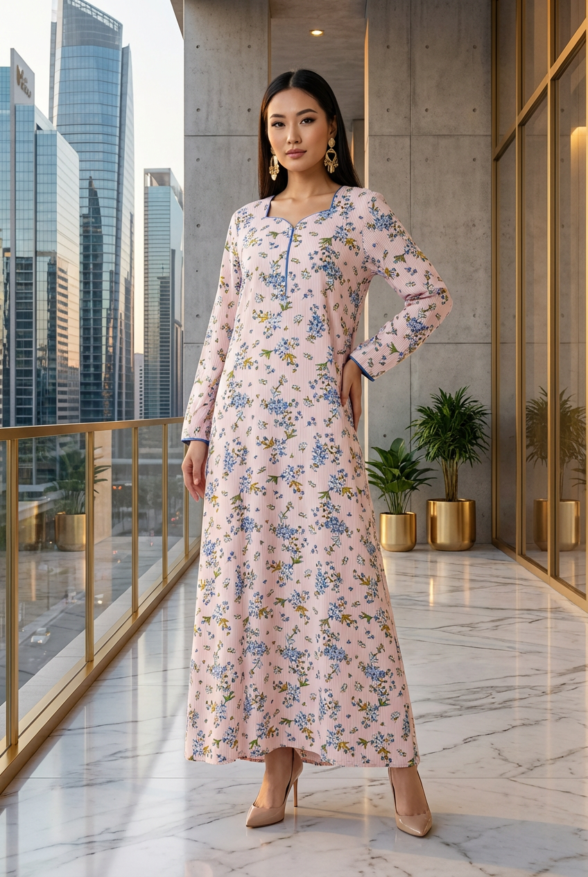 Blush Pink Floral Print Linen Maxi Dress KF-096