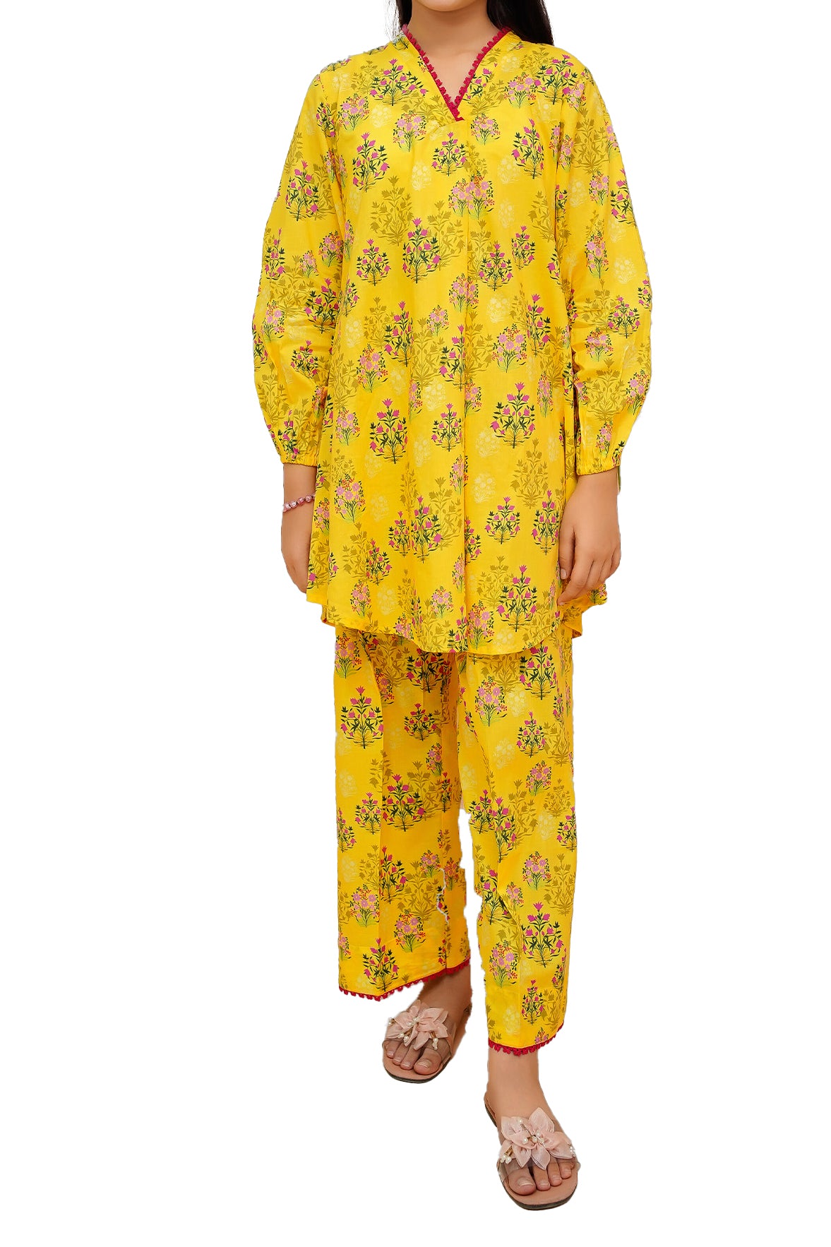 Girls Yellow Floral Print Lawn 2 Piece Suit, Girls-062