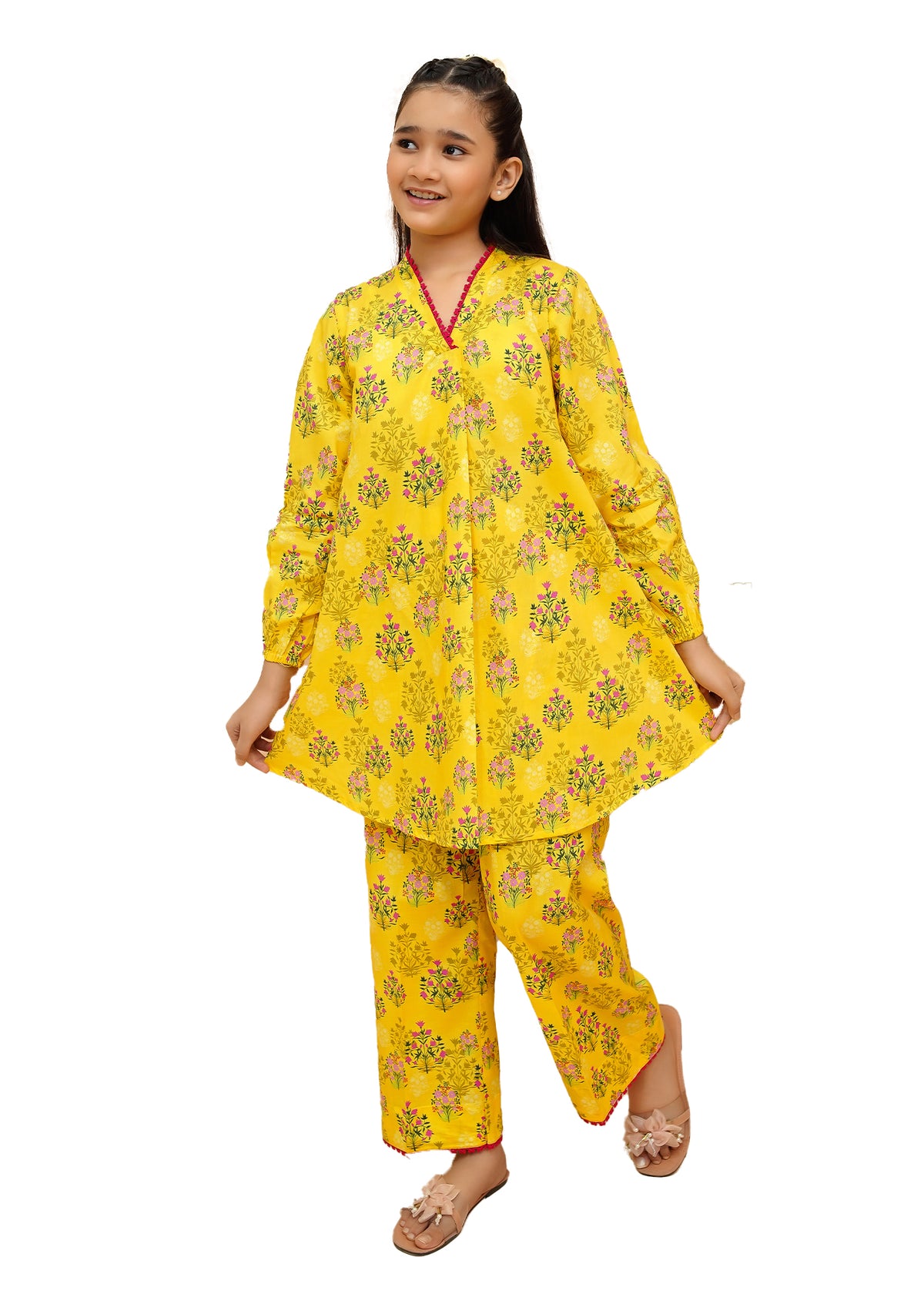 Girls Yellow Floral Print Lawn 2 Piece Suit, Girls-062