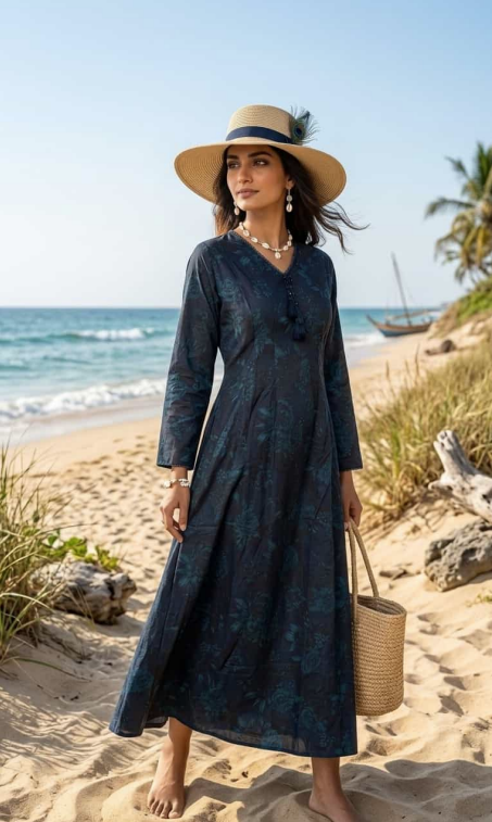 Navy Tonal Floral Print Linen Maxi Dress with Tassel Tie KF-1300