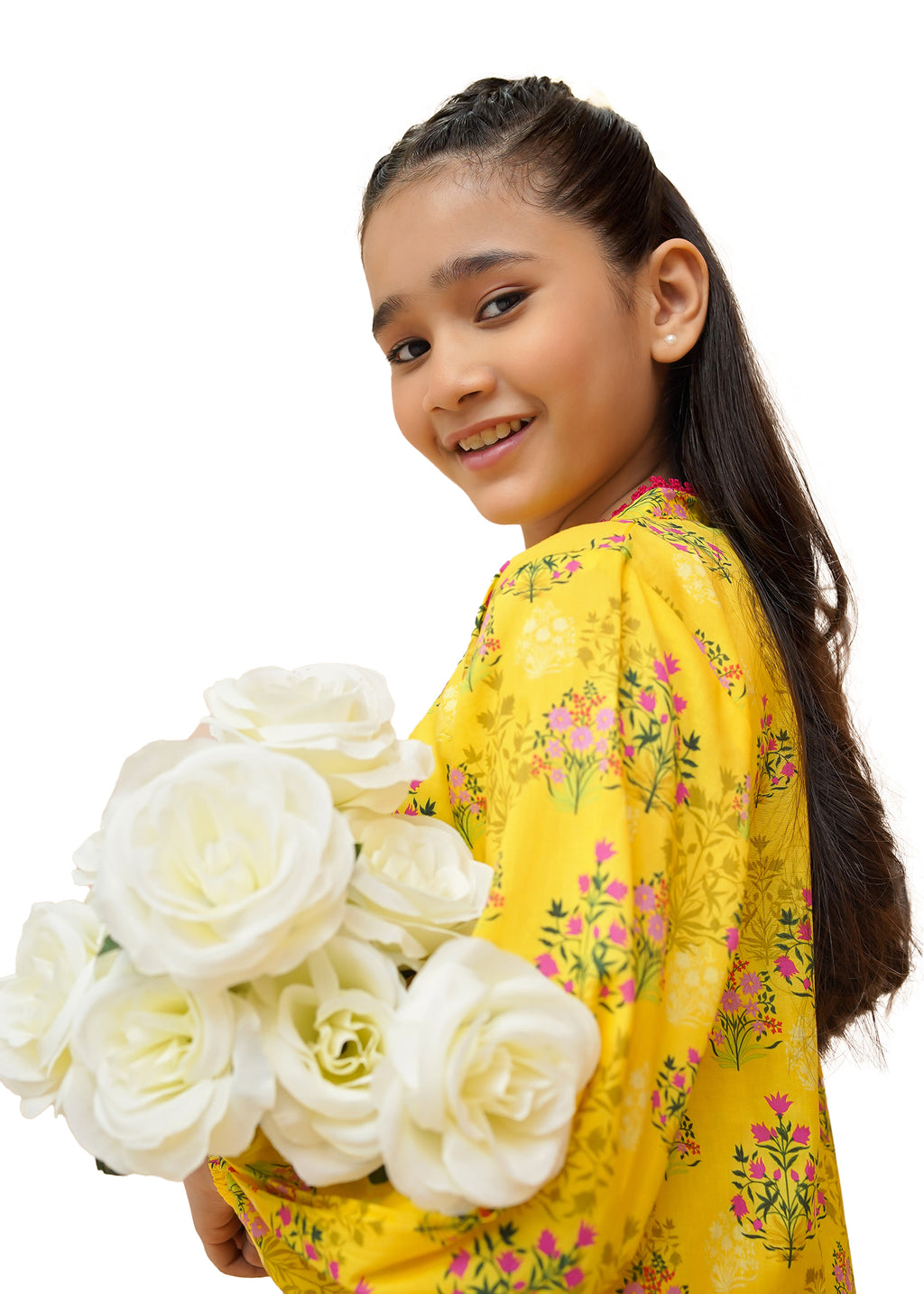 Girls Yellow Floral Print Lawn 2 Piece Suit, Girls-062