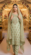 Pistachio Green Hand Work Chiffon Suit with Tassels and Raw Silk Trouser KF-934