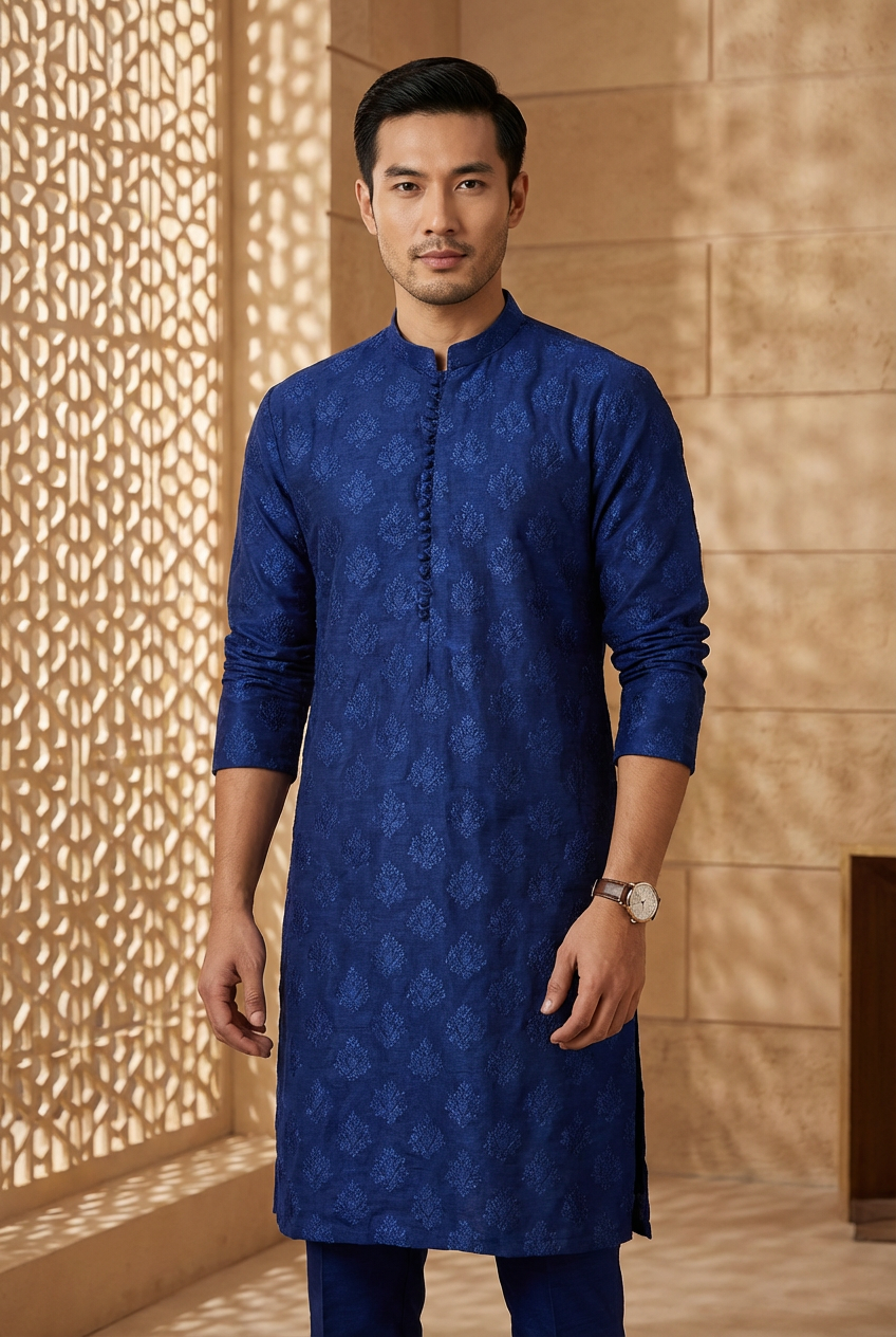 Men's Royal Blue Embroidered Raw Silk Kurta Party Suit KF-35