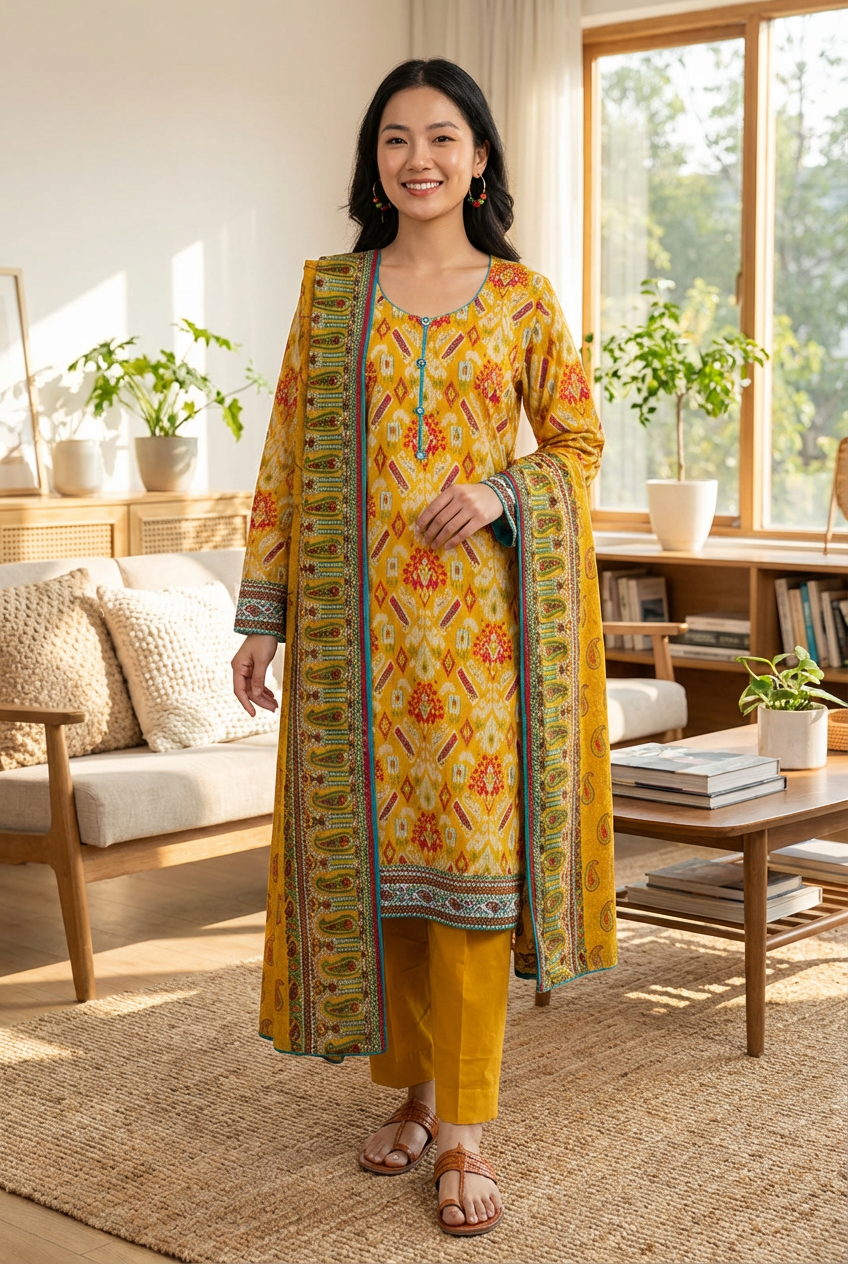 Mustard Yellow Ikat Print Lawn 3 Piece Suit with Printed Dupatta, 3 pcs 003