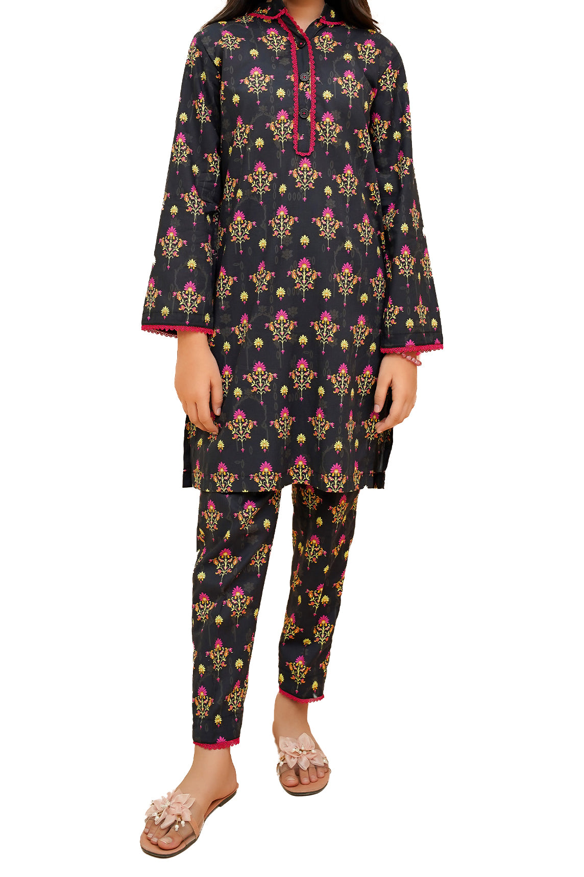 Girls Black Floral Print Lawn 2 Piece Suit, Girls-074