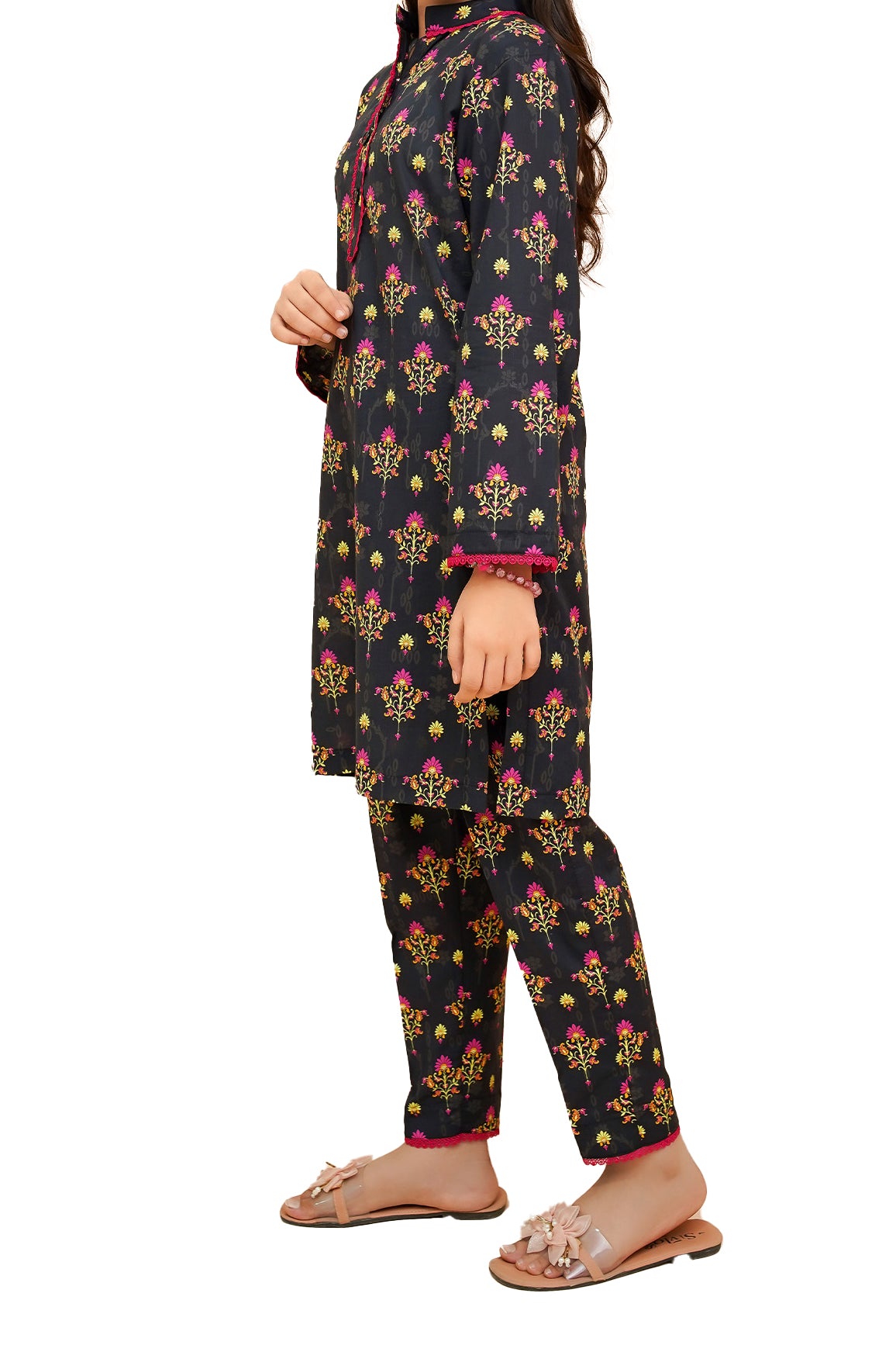 Girls Black Floral Print Lawn 2 Piece Suit, Girls-074