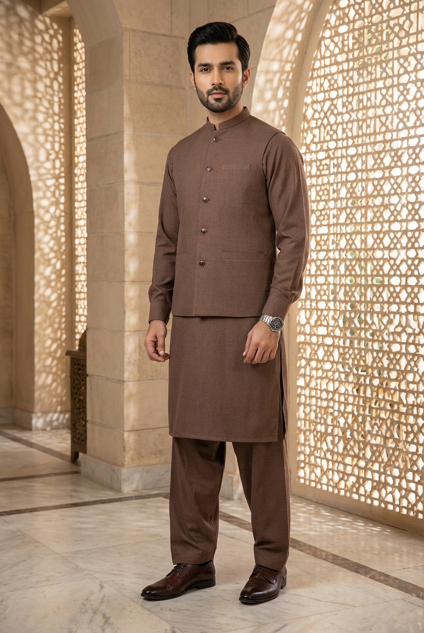 Men's Brown Waistcoat Shalwar Kameez 3 Piece Set KF-0270