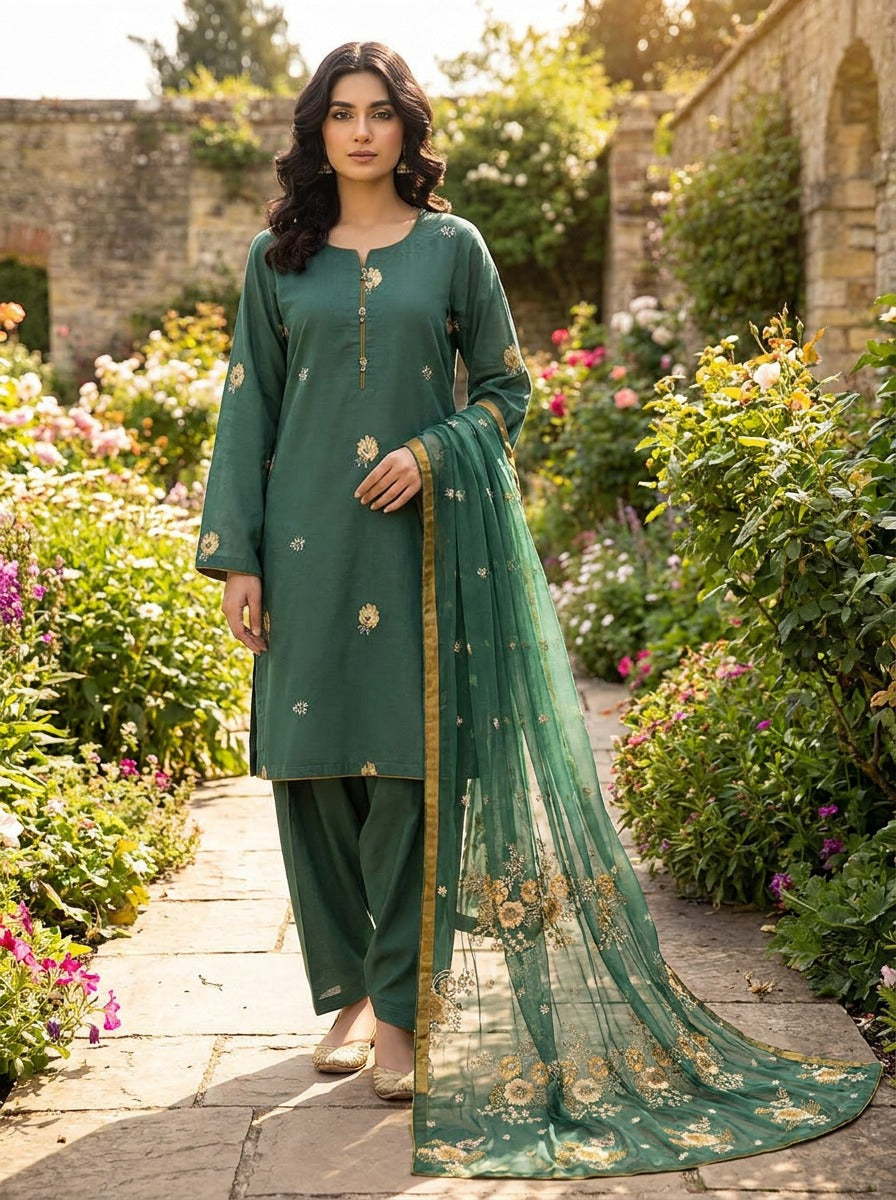 Bottle Green Embroidered Lawn Cotton Suit with Fancy Buttons KF-1063