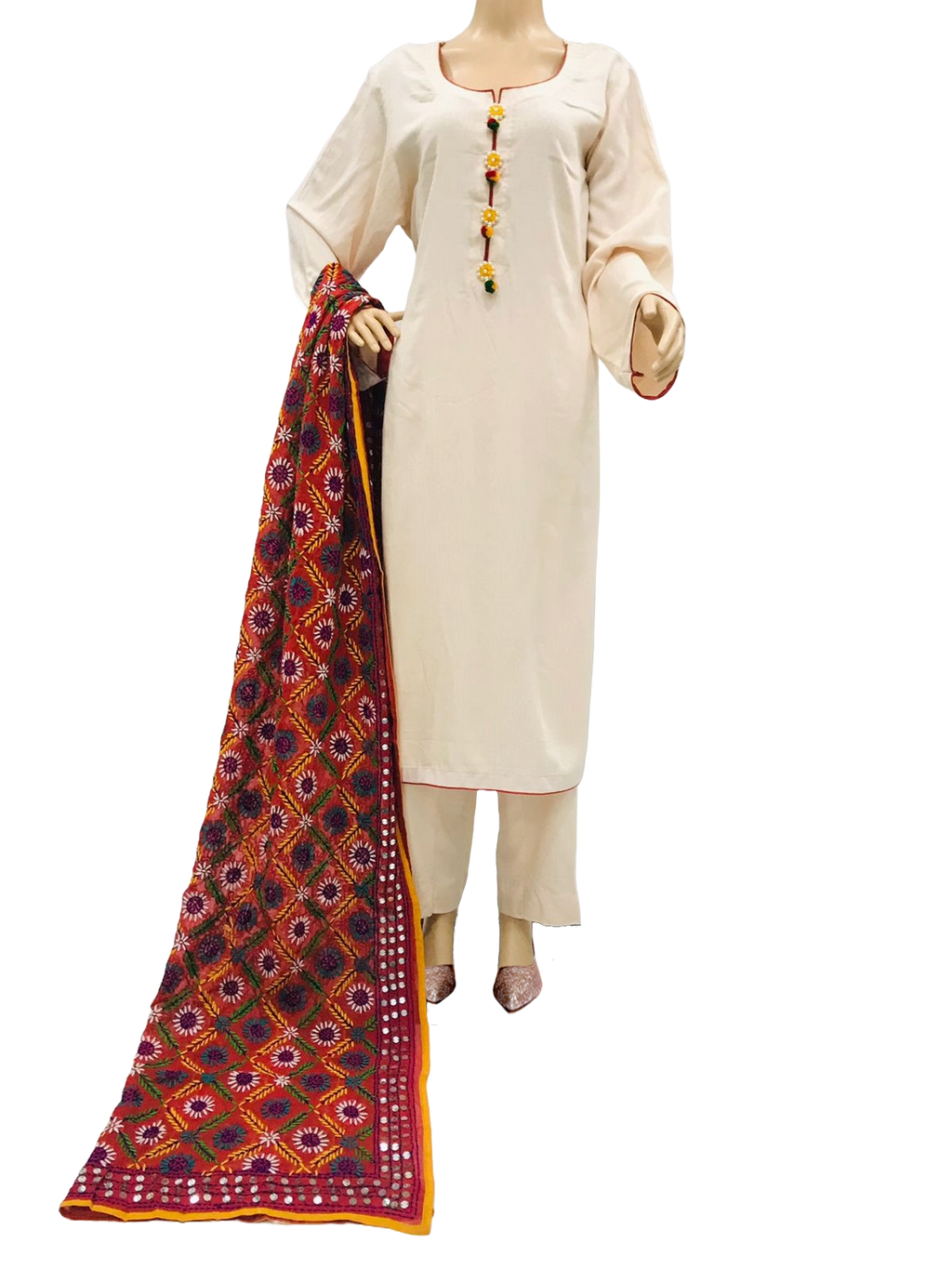 Fawn and Orange Self Linen 3 Piece Suit with Phulwary Dupatta KF-542