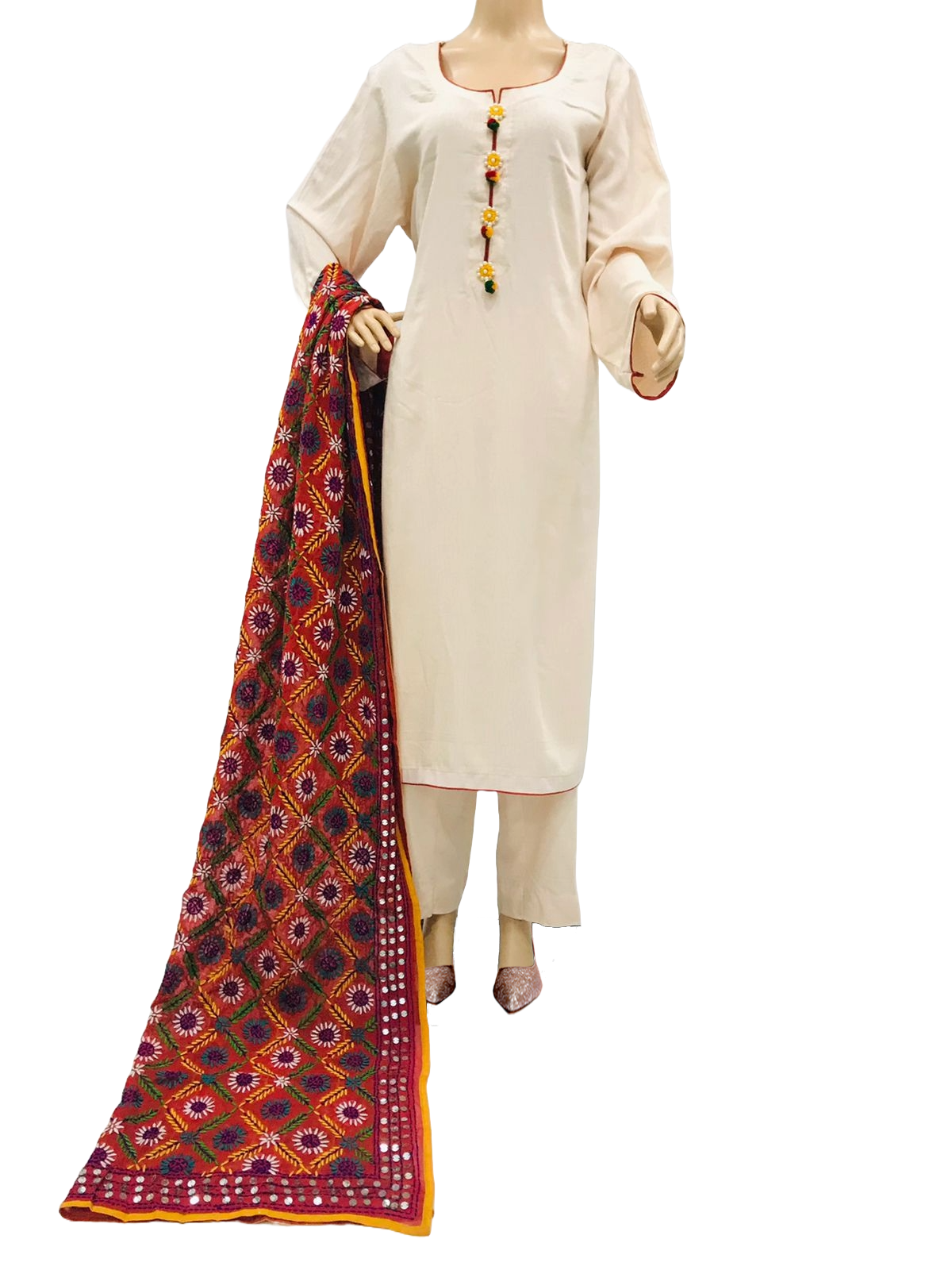 Fawn and Orange Self Linen 3 Piece Suit with Phulwary Dupatta KF-542