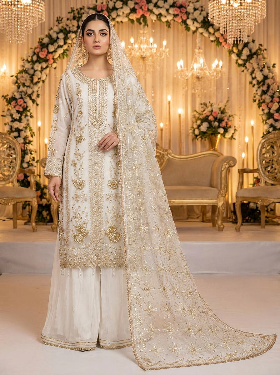 Ivory Handwork Tissue 3 Piece Suit with Lace Trouser KF-963