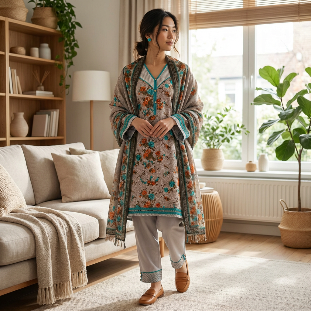 Taupe Floral Marina Linen Suit with Turquoise Trim Shawl, CD-079