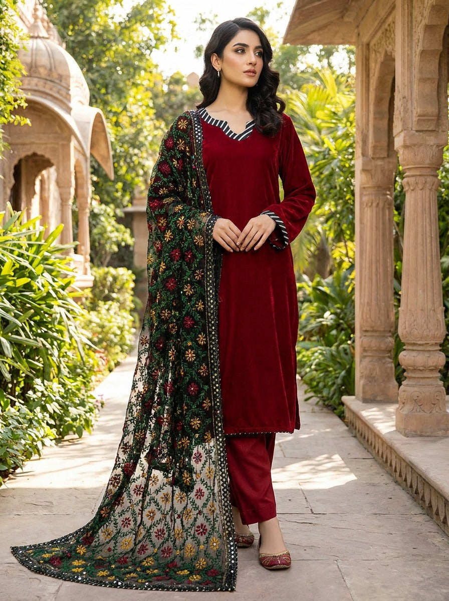 Reddish Maroon Linen Suit with Green Phulwari Sequence Dupatta KF-1105