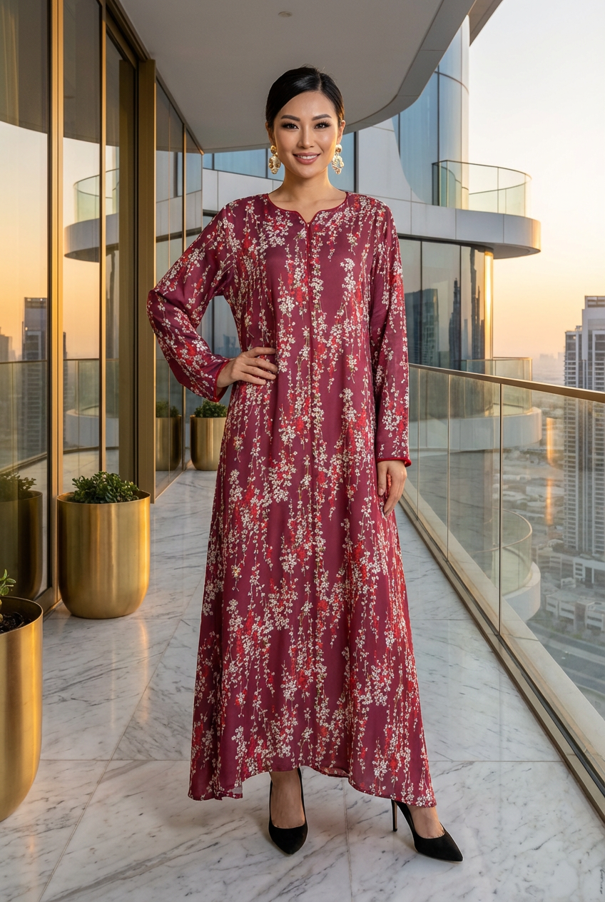 Maroon Floral Print Crinkle Silk Maxi Dress KF-062
