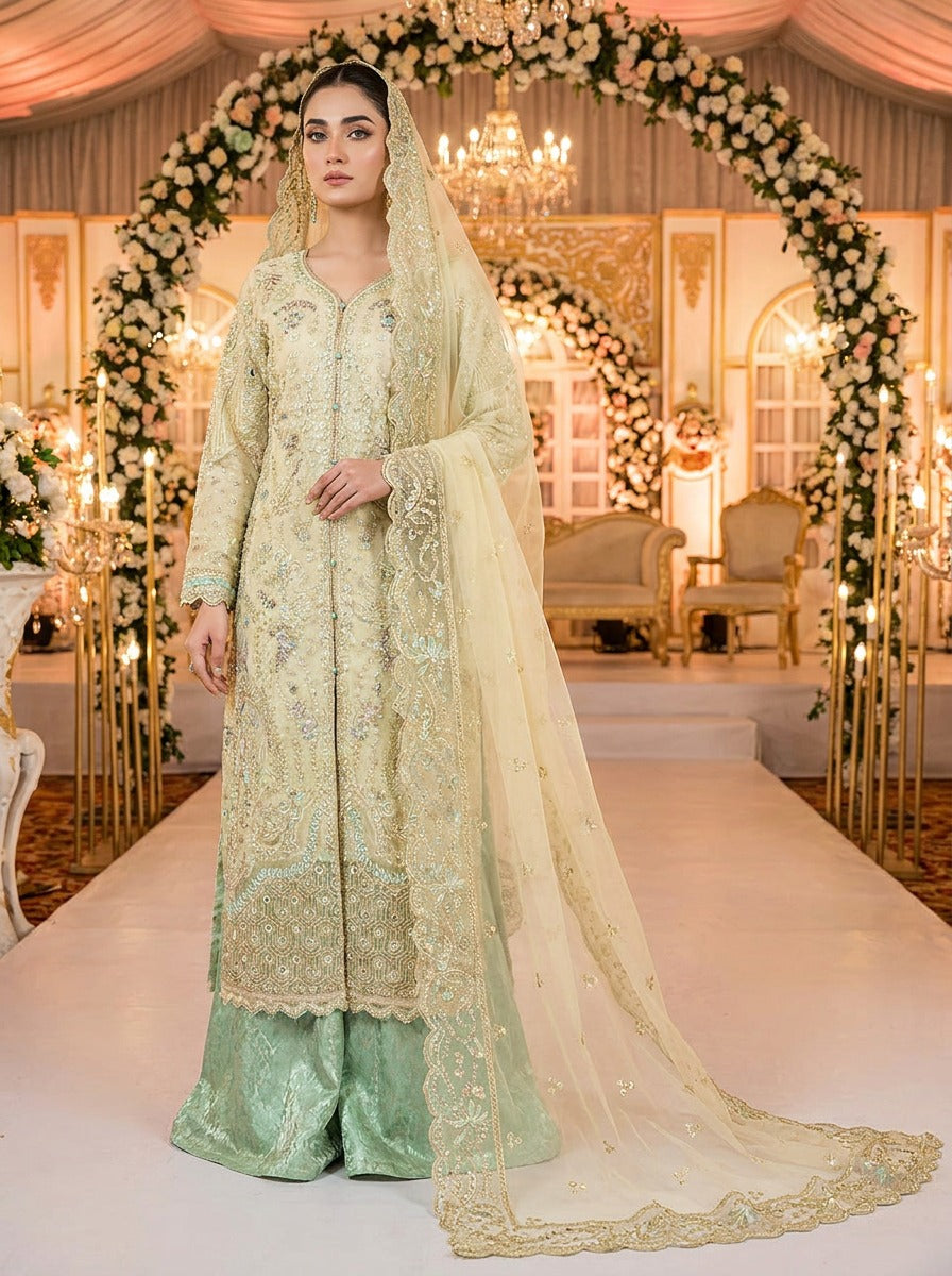 Pale Yellow Organza Tissue Suit with Hand Work and Jamawar Plazo KF-965
