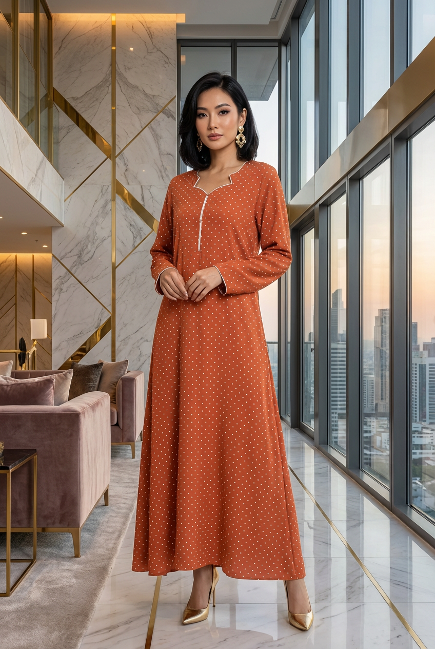 Rust Polka Dot Linen Maxi Dress KF-174