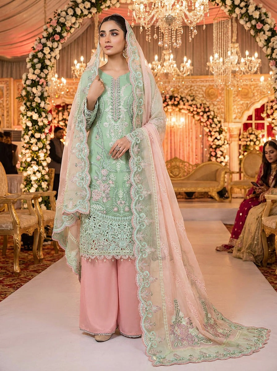 Mint Green Embroidered Chiffon 3 Piece Suit with Peach Dupatta KF-966