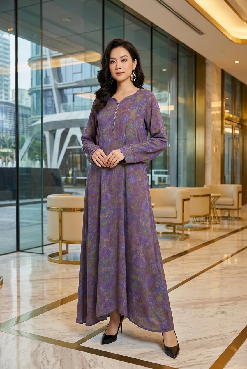 Lilac Tonal Floral Print Silk Maxi Dress KF-160