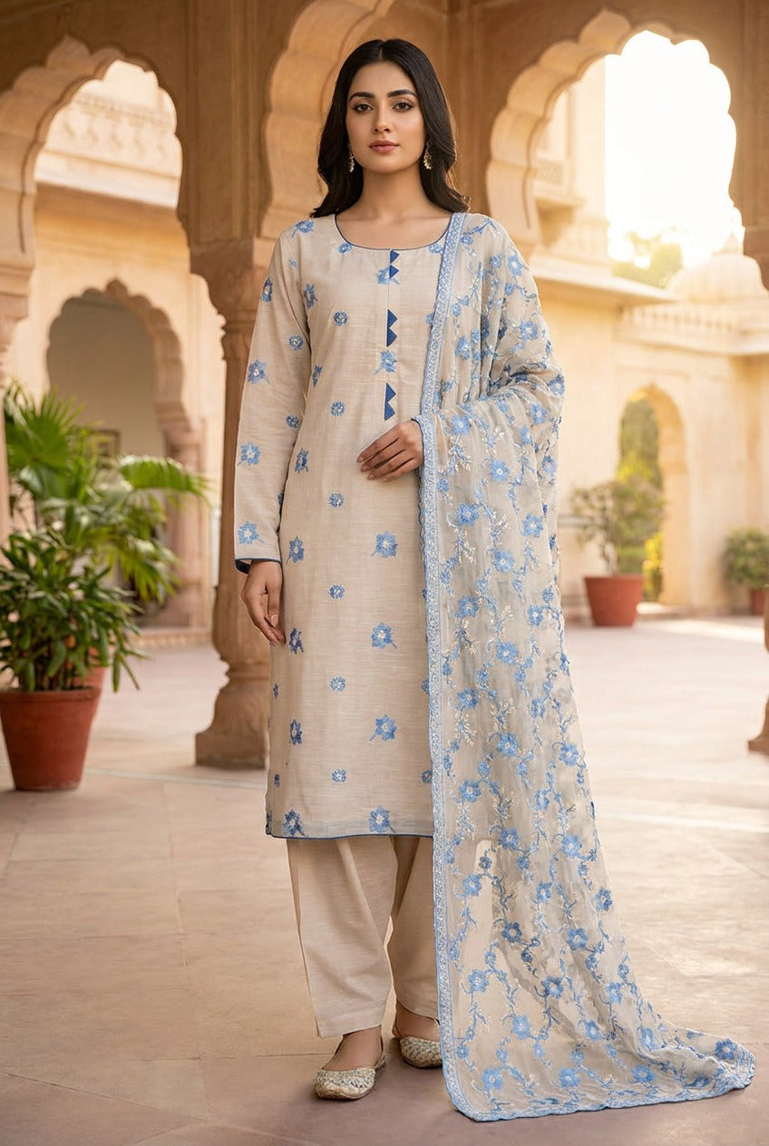 Off White Double Thread Embroidered Lawn Suit with Blue Floral Work KF-1107
