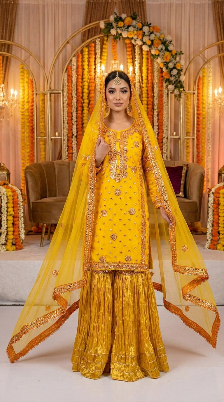 Yellow Hand Gotta Work Net Gharara Suit KF-967