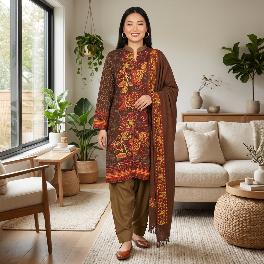 Brown Floral Marina Linen Suit with Embroidered Shawl, CD-081