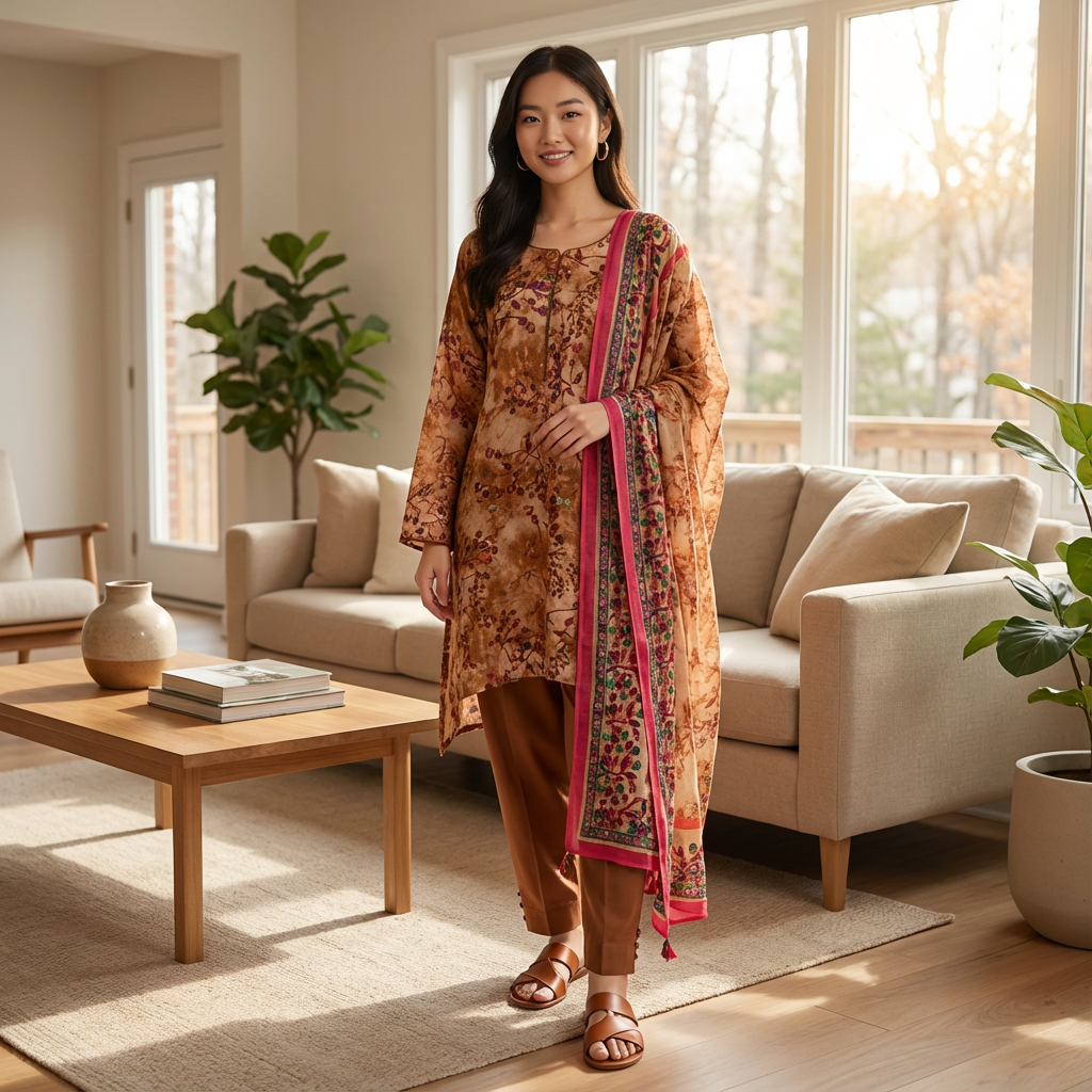Rust Floral Marina Linen Suit with Pink Trim Shawl, CD-084