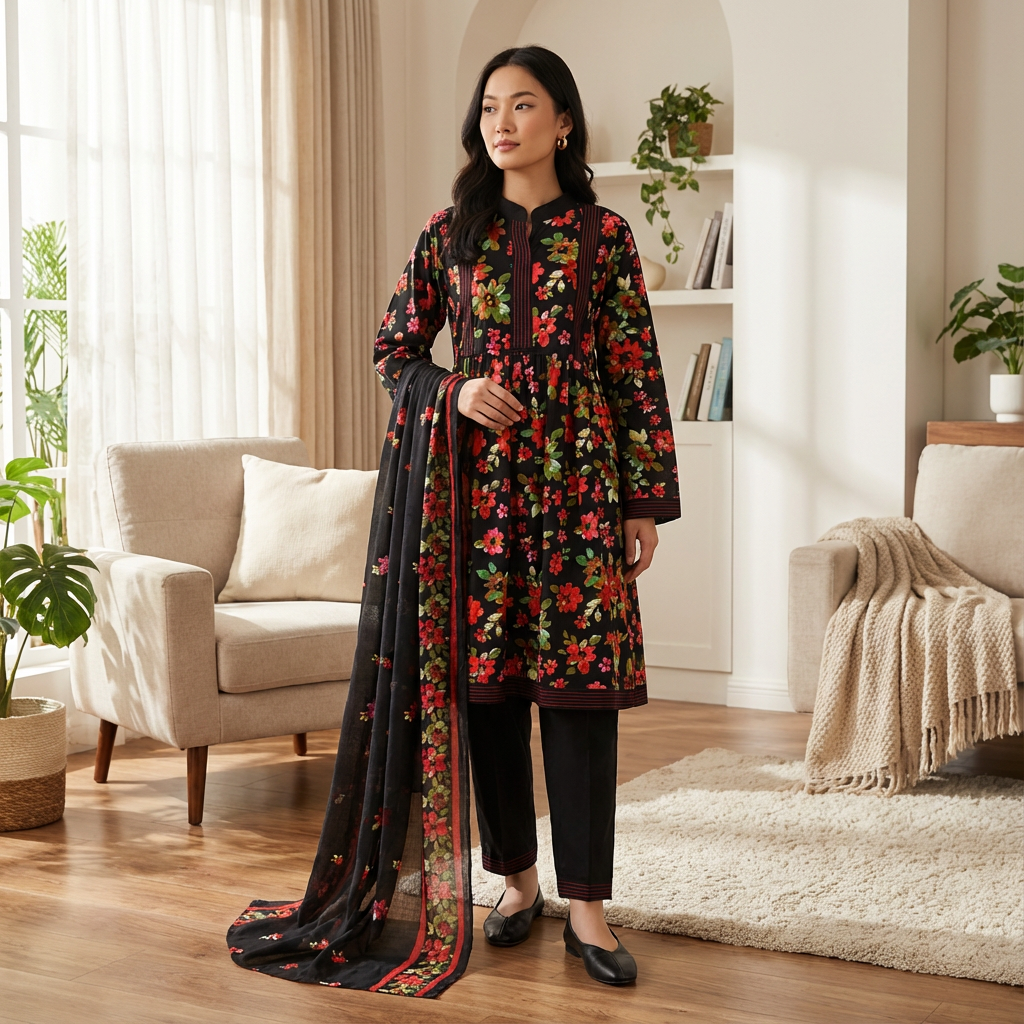 Black Floral Marina Linen Suit with Embroidered Shawl, CD-085