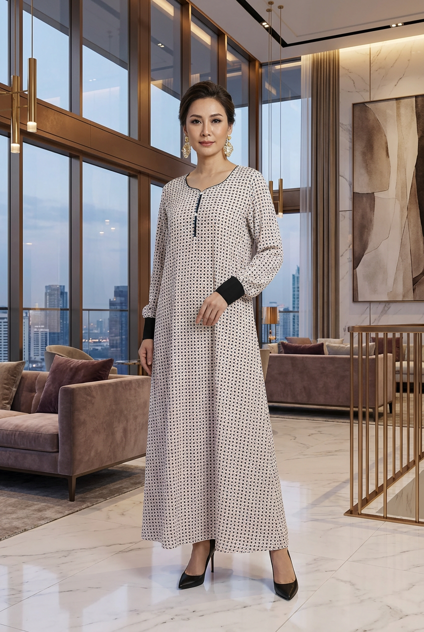 Cream Dot Print Georgette Maxi Dress with Black Cuffs KF-145