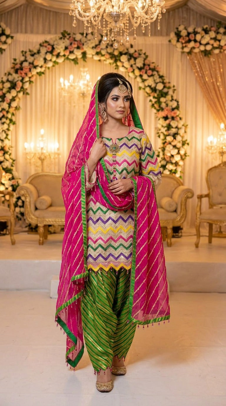Multicolour Thread Work Tissue Suit with Jamawar Banarsi Dhoti Shalwar KF-1111