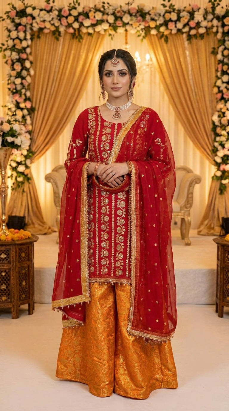 Red Hand Gotta Work Chiffon Suit with Orange Jamawar Palazzo KF-971