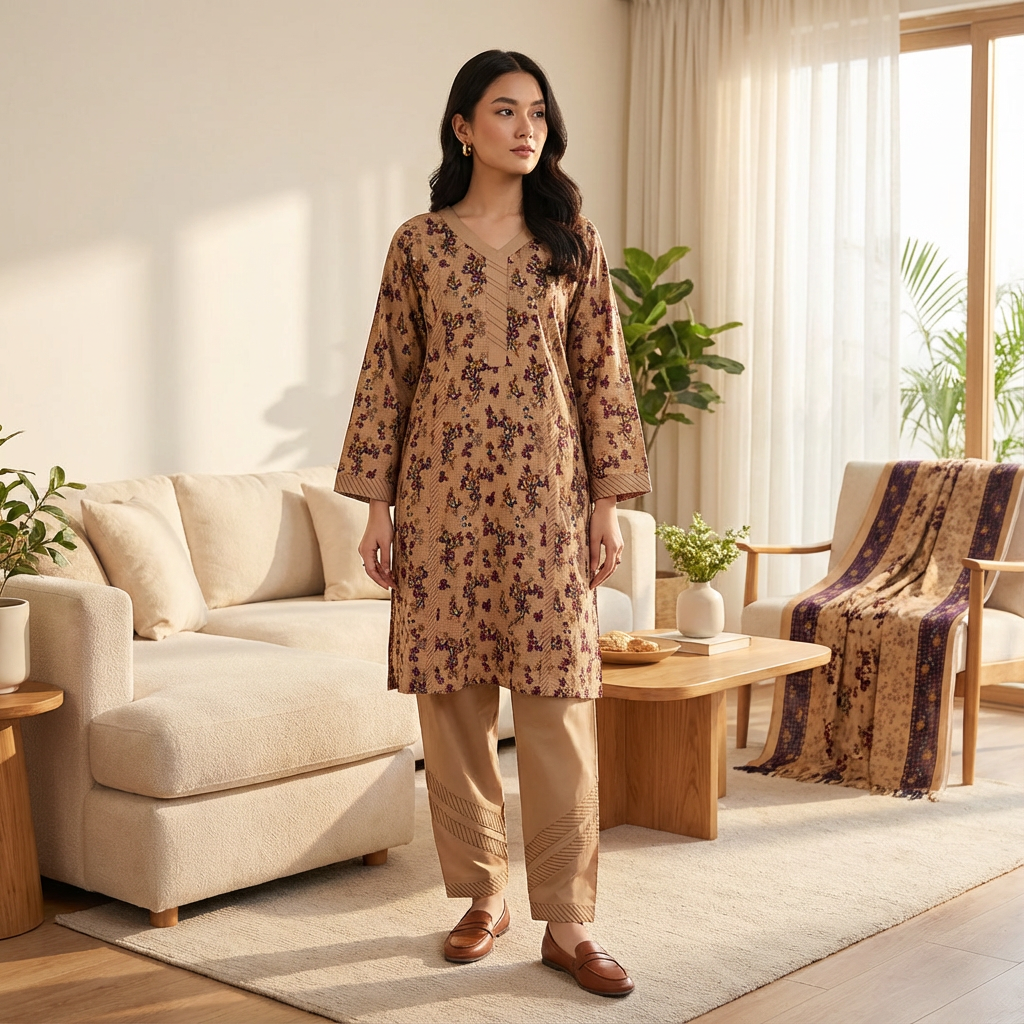 Beige Floral Marina Linen Suit with Purple Shawl, CD-088