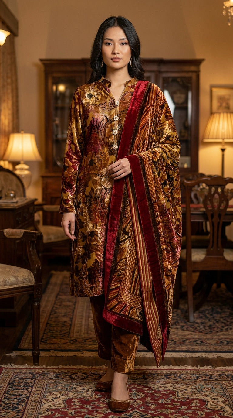 Gold and Maroon Printed Velvet Suit with Palachi Velvet Dupatta KF-1113