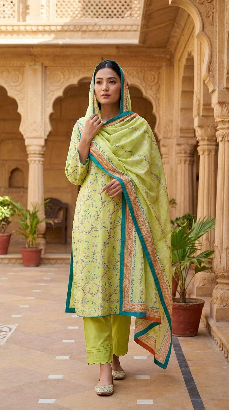 Lime Green Printed Lawn 3 Piece Suit with Teal Border Dupatta KF-1114