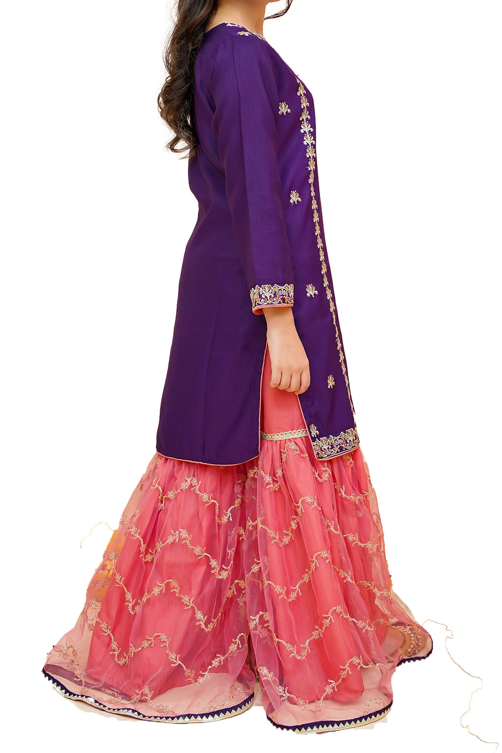 Girls Purple and Pink Fancy Gharara Suit with Gold Work, Girls-056