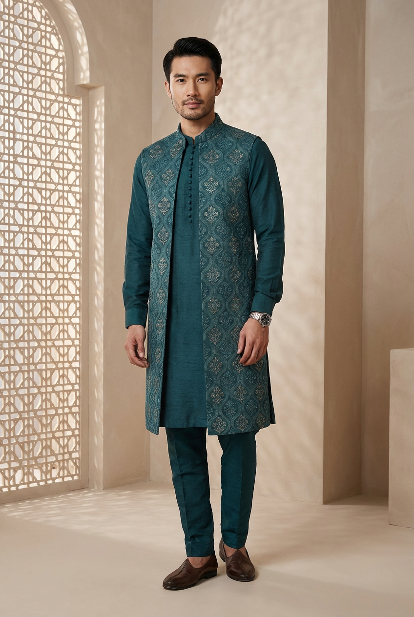 Men's Teal Green Embroidered Raw Silk Prince Coat with Kurta and Trouser KF-65