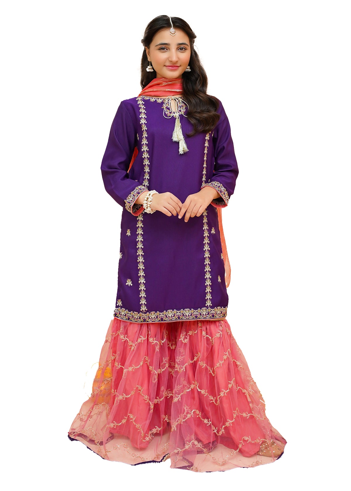 Girls Purple and Pink Fancy Gharara Suit with Gold Work, Girls-056