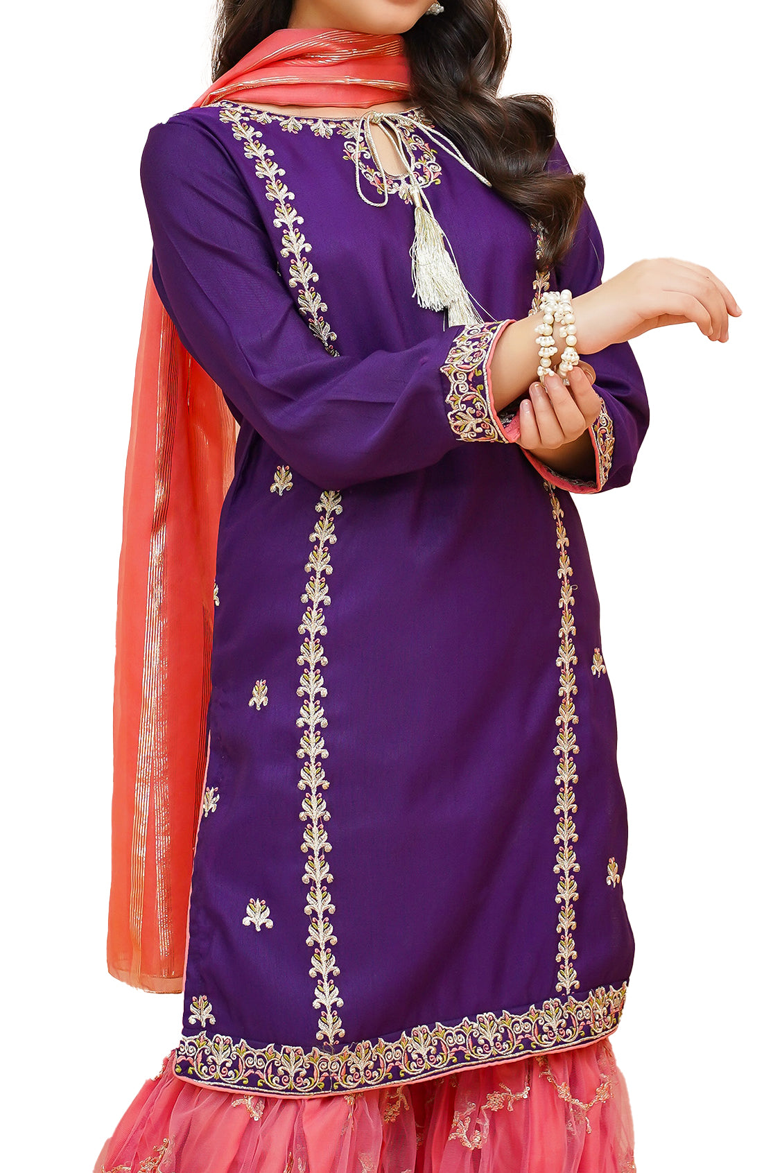 Girls Purple and Pink Fancy Gharara Suit with Gold Work, Girls-056