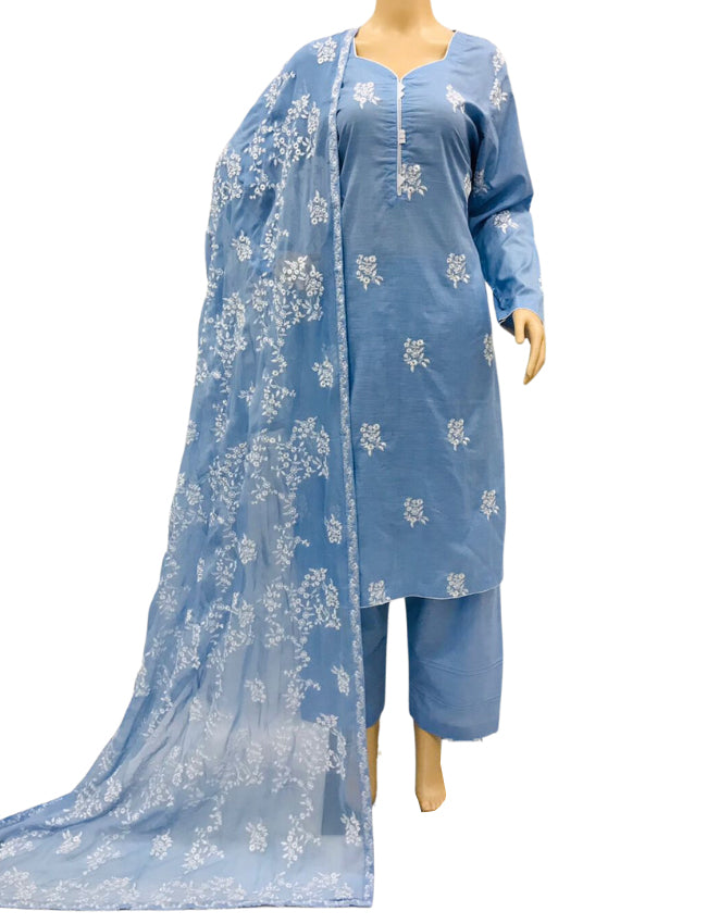 Sky Blue Embroidered Lawn 3 Piece Suit with Chiffon Dupatta KF-9103