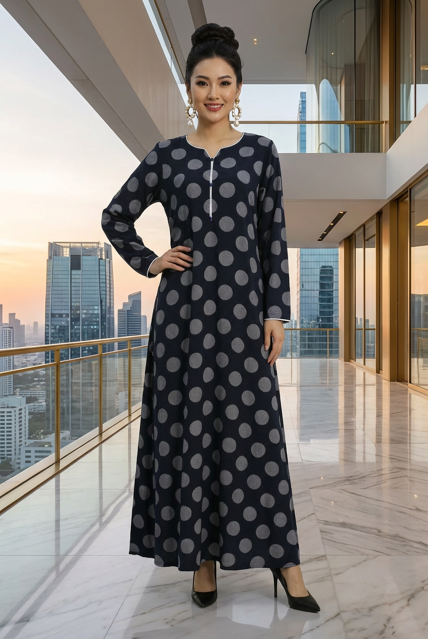 Navy Large Polka Dot Linen Maxi Dress KF-184