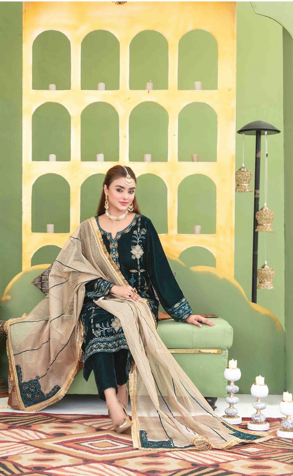 Dark Green Embroidered Velvet 3 Piece Suit with Masoori Net Dupatta KF-973