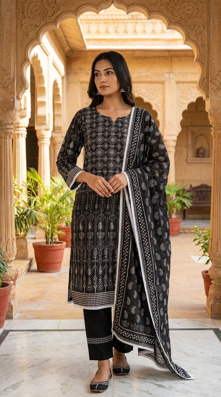 Black and White Printed Lawn Suit with Bordered Dupatta KF-1117