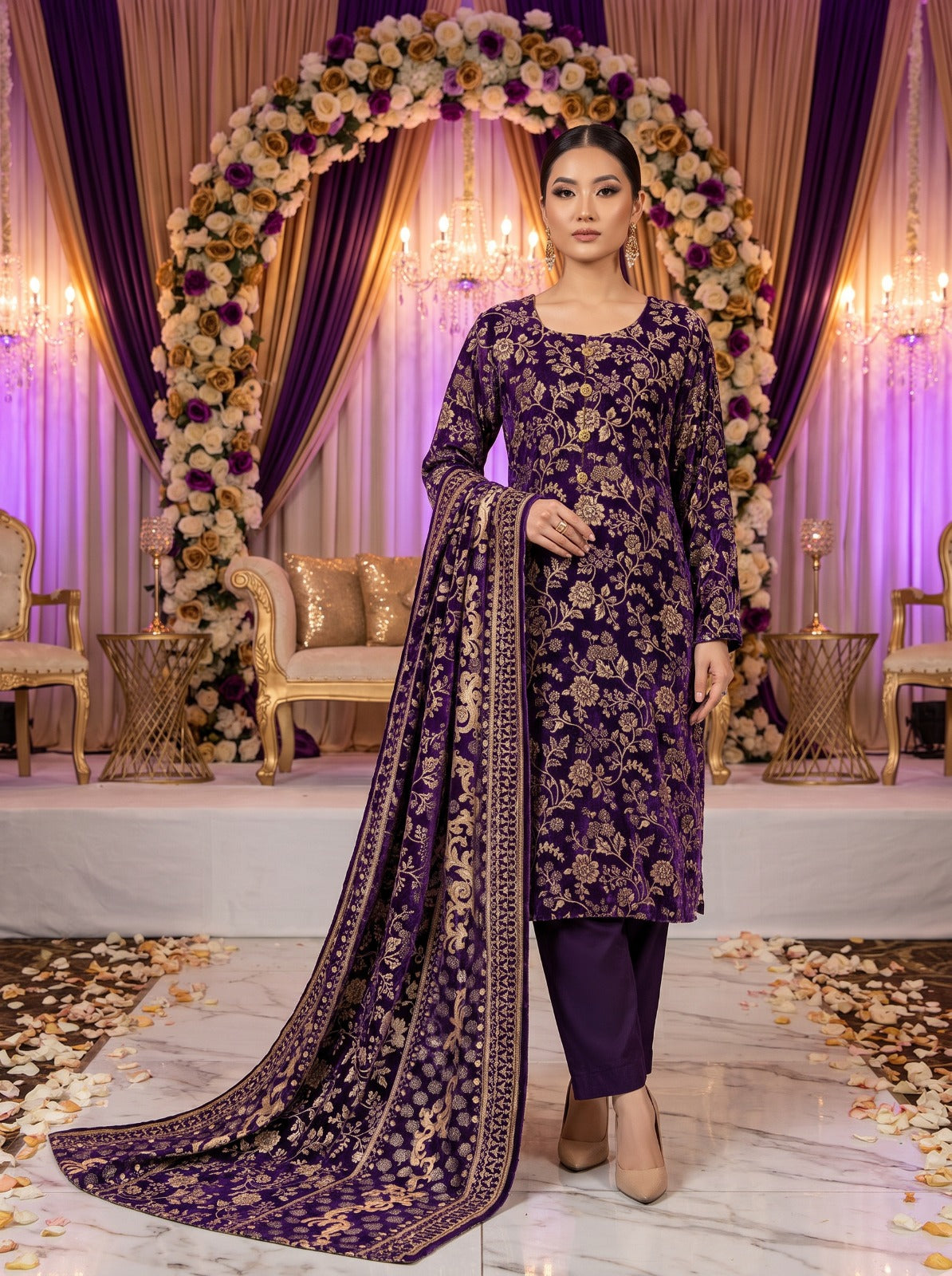 Purple Embroidered Palachi Velvet 3 Piece Suit KF-974