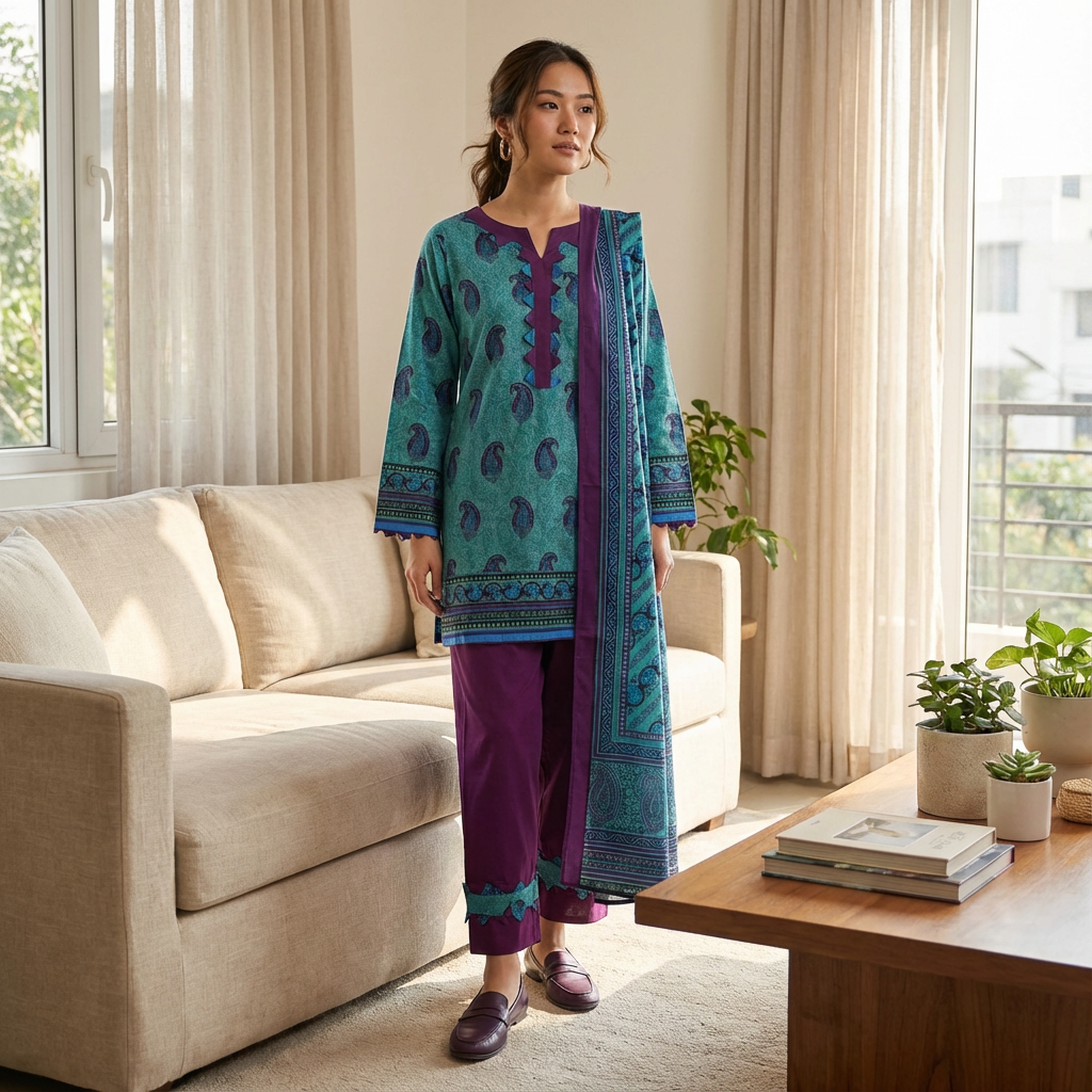 Teal Marina Linen Suit with Embroidered Shawl, CD-065